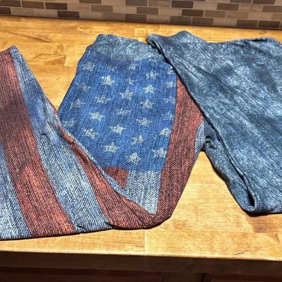 LuLaRoe Denim Blue and Rust Leggings Tall/curvy - Picture 4 of 4